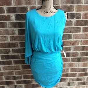 NEW ASHRO Cape Sleeve Turquoise Bodycon Dress